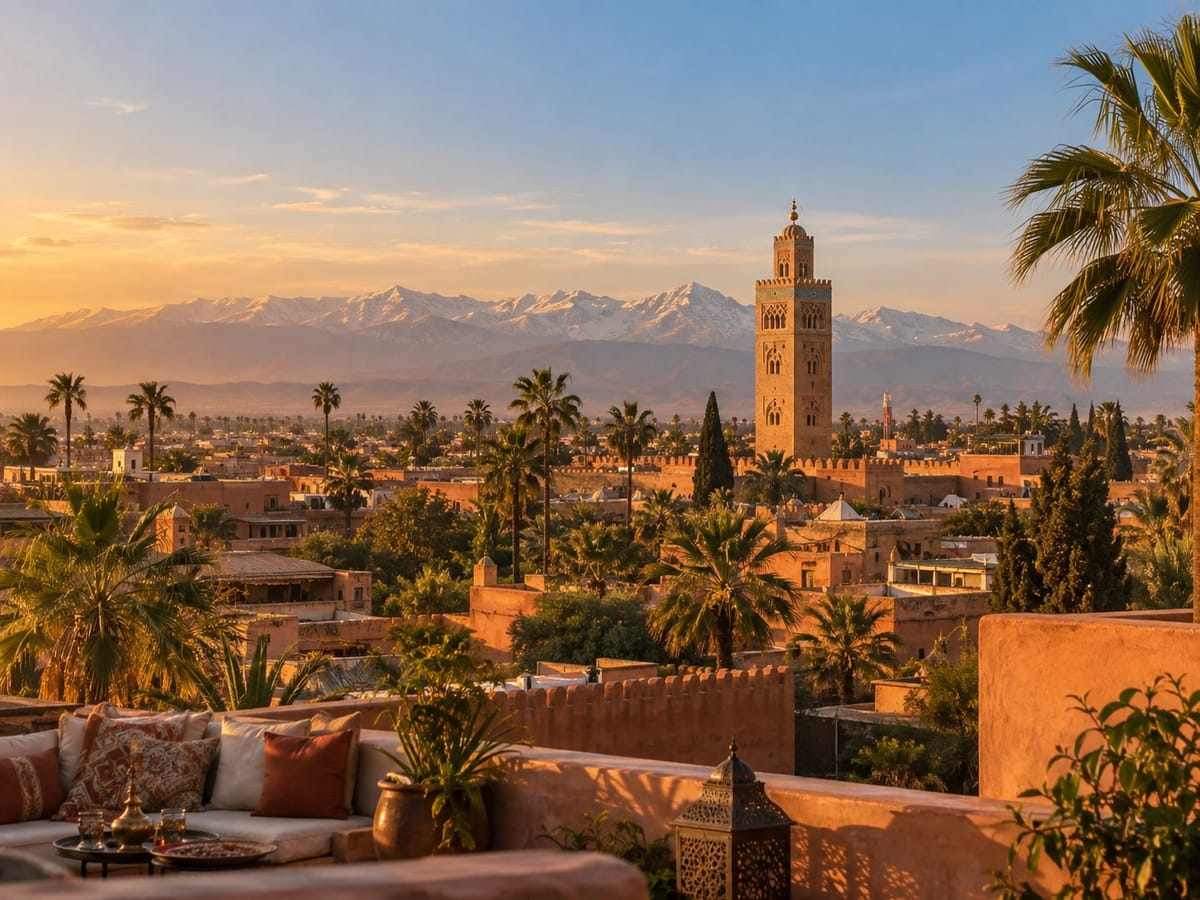 Vue sur la Koutoubia et les sommets de l'Atlas depuis une terrasse de Marrakech