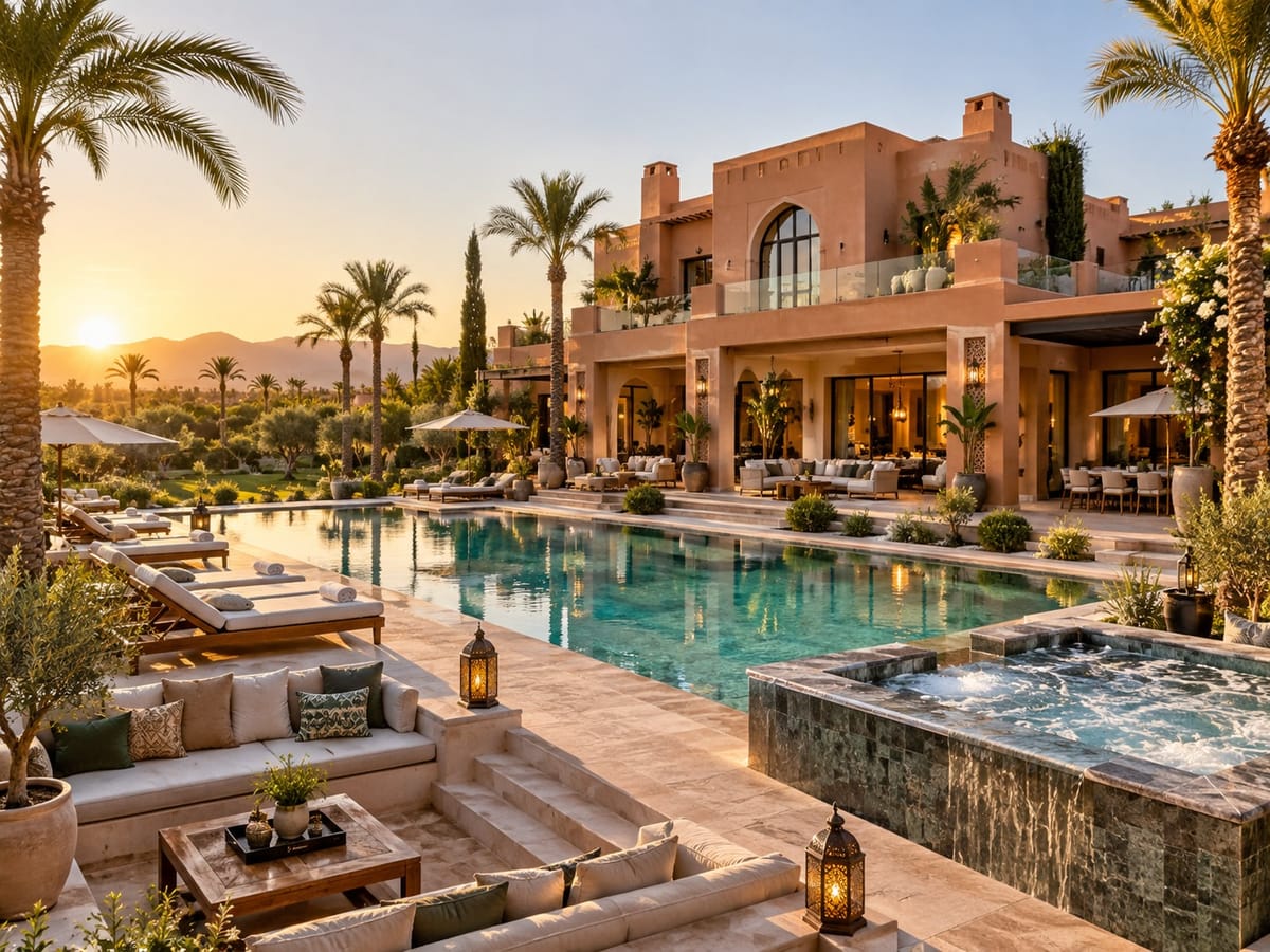 Villa avec piscine au coucher du soleil à Marrakech