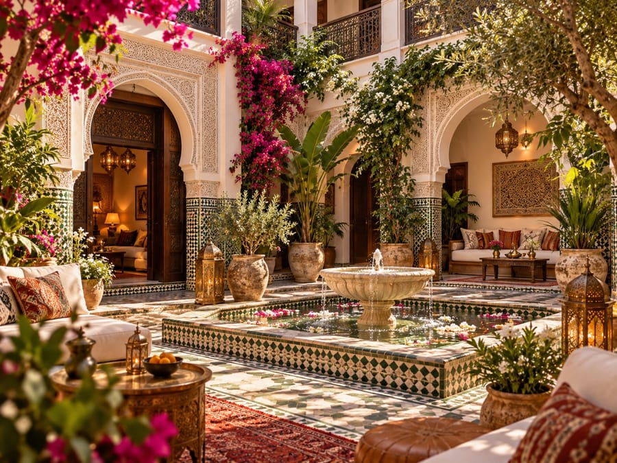 Patio d'un riad avec fontaine à Marrakech