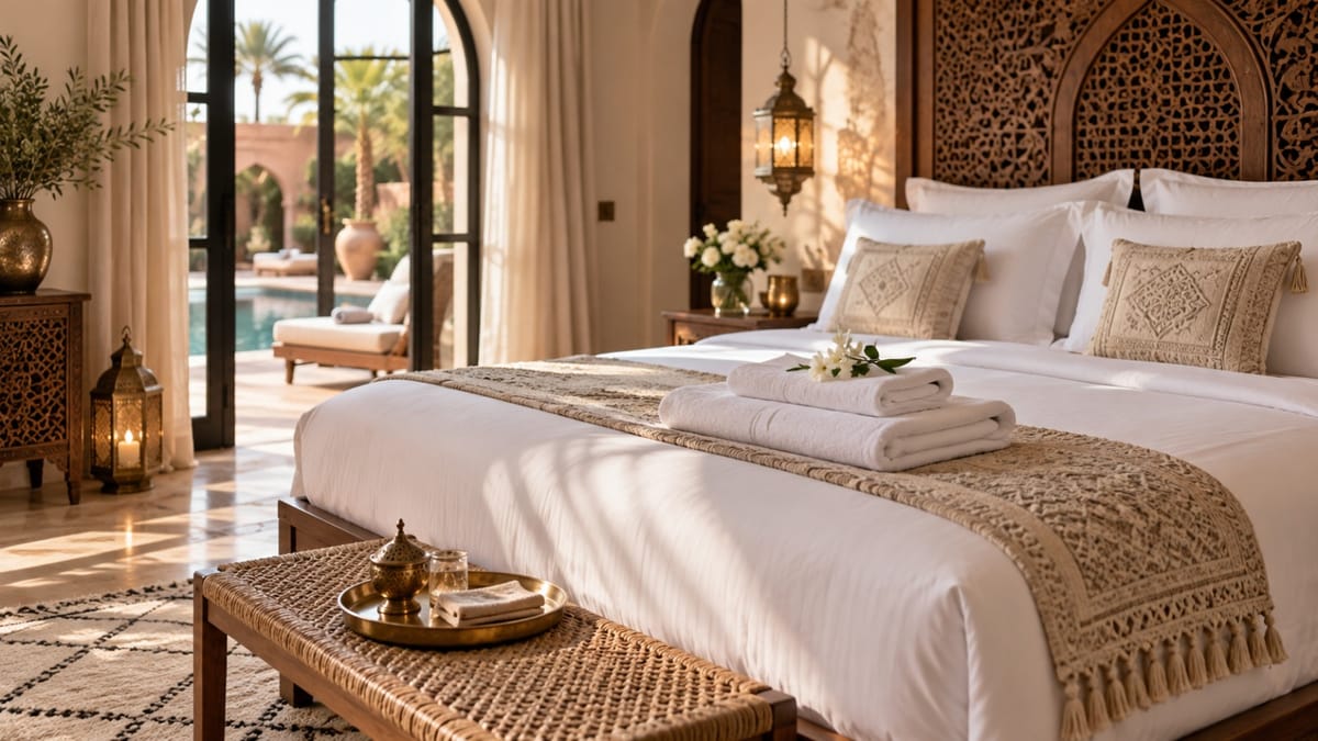 Chambre raffinée d'une villa de Marrakech préparée pour l'arrivée des voyageurs